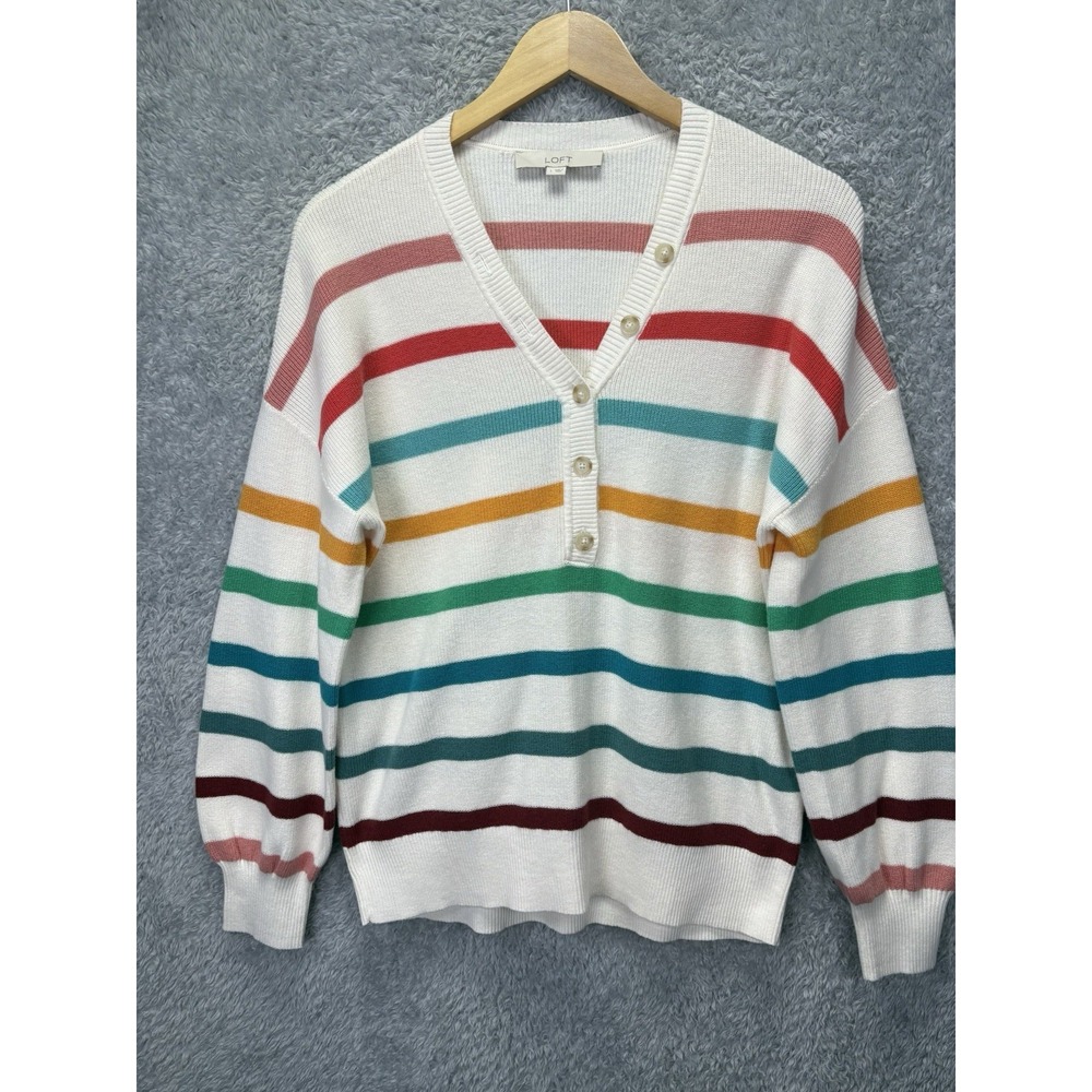 LOFT Womens Small Striped Sweater Ivory Multicolor Cotton V Neck Button Pullover